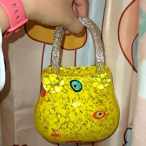 Hand Blown Glass vase handbag yellow evil eye protection yellow blue orange 👁